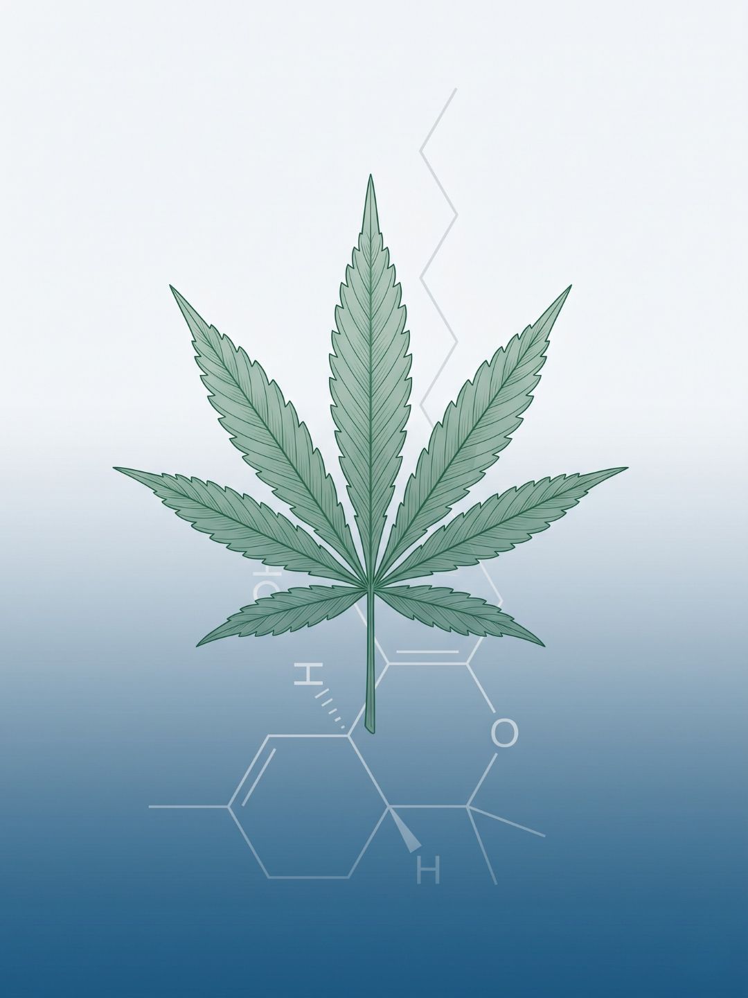 Stilisiertes Cannabis-sativa-Blatt mit chemischer Skelettformel des THC-Moleküls